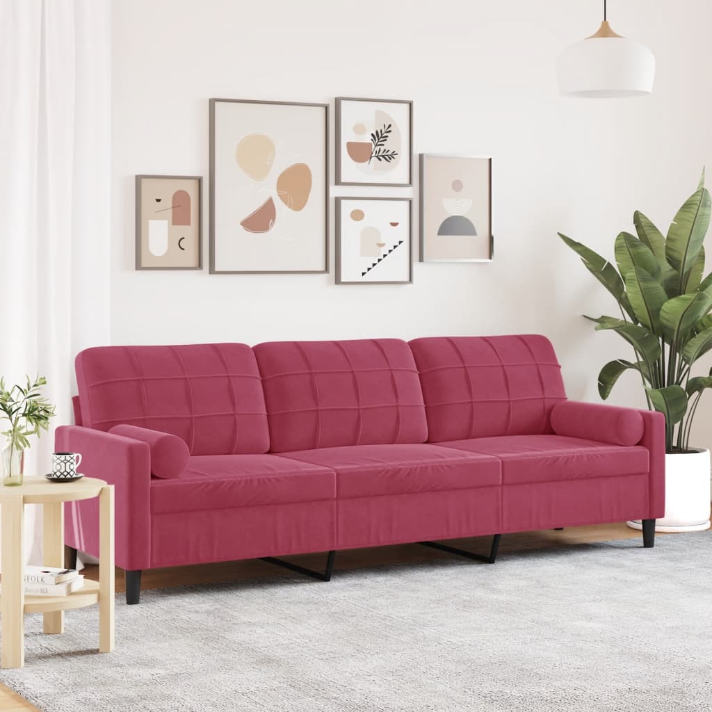 vidaXL 3-osobowa sofa z poduszkami, winna czerwień, 210 cm, aksamit