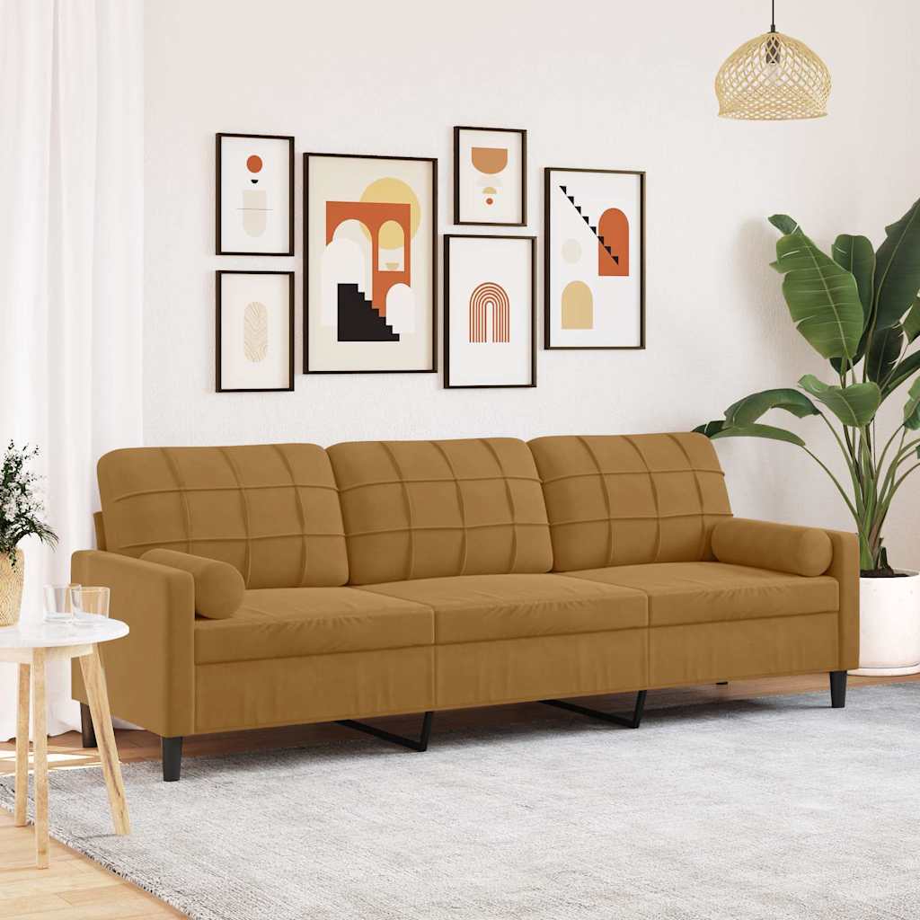 vidaXL 3-osobowa sofa z poduszkami, brązowa, 210 cm, aksamit