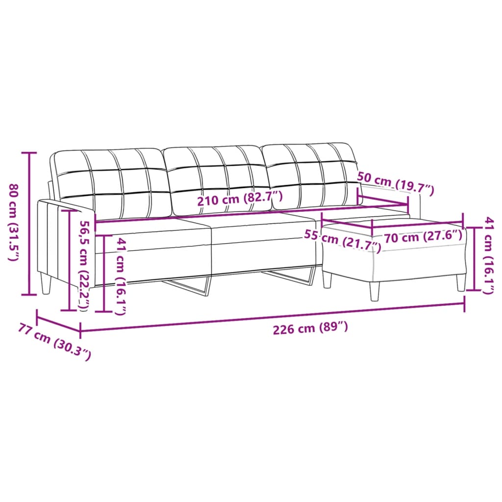 vidaXL 3-osobowa sofa z podnóżkiem, jasnoszary, 210 cm, tkaniną