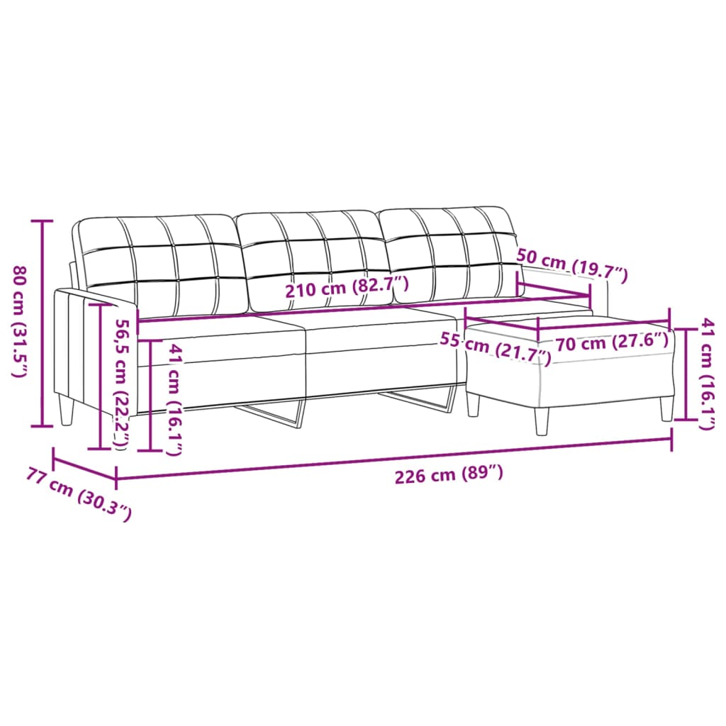 vidaXL 3-osobowa sofa z podnóżkiem, kremowa, 210 cm, tkaniną