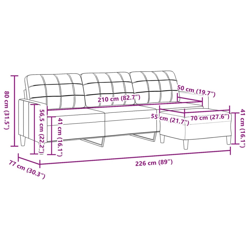 vidaXL 3-osobowa sofa z podnóżkiem winna czerwień 210 cm, tkaniną