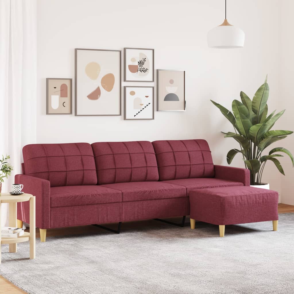 vidaXL 3-osobowa sofa z podnóżkiem winna czerwień 210 cm, tkaniną