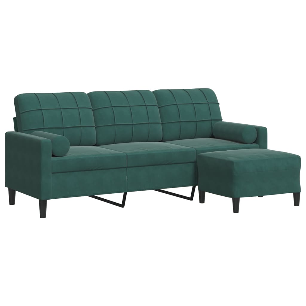 vidaXL 3-osobowa sofa z podnóżkiem, ciemnozielony, 180 cm, aksamit
