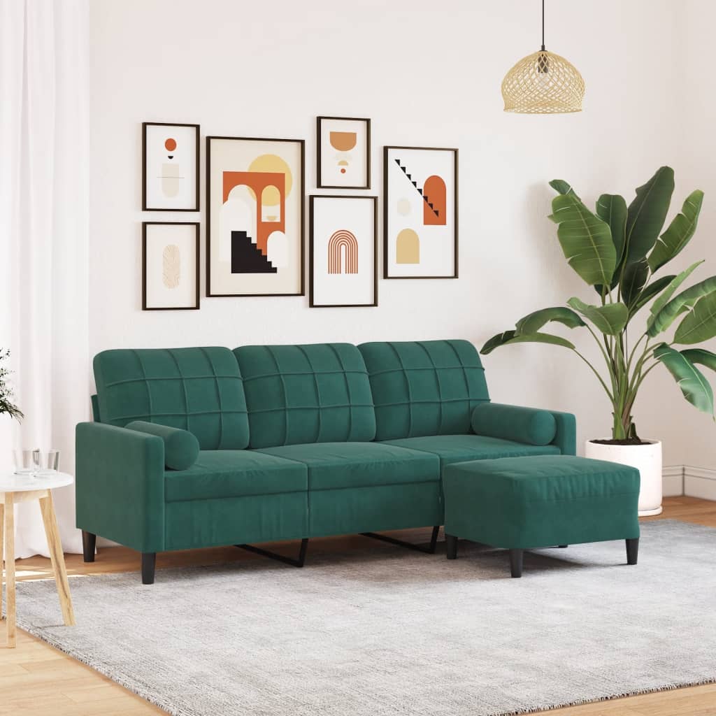 vidaXL 3-osobowa sofa z podnóżkiem, ciemnozielony, 180 cm, aksamit