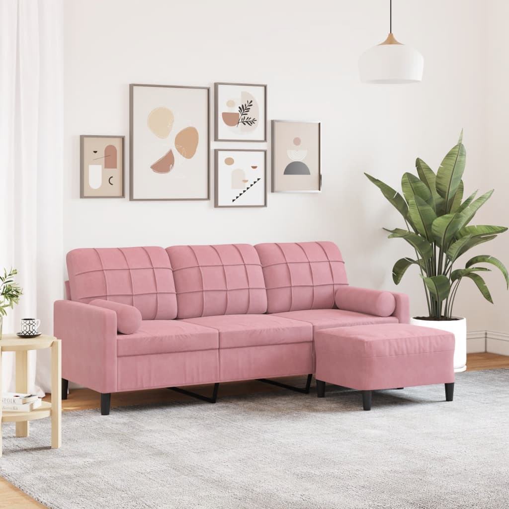 vidaXL 3-osobowa sofa z podnóżkiem, różowa, 180 cm, aksamitem