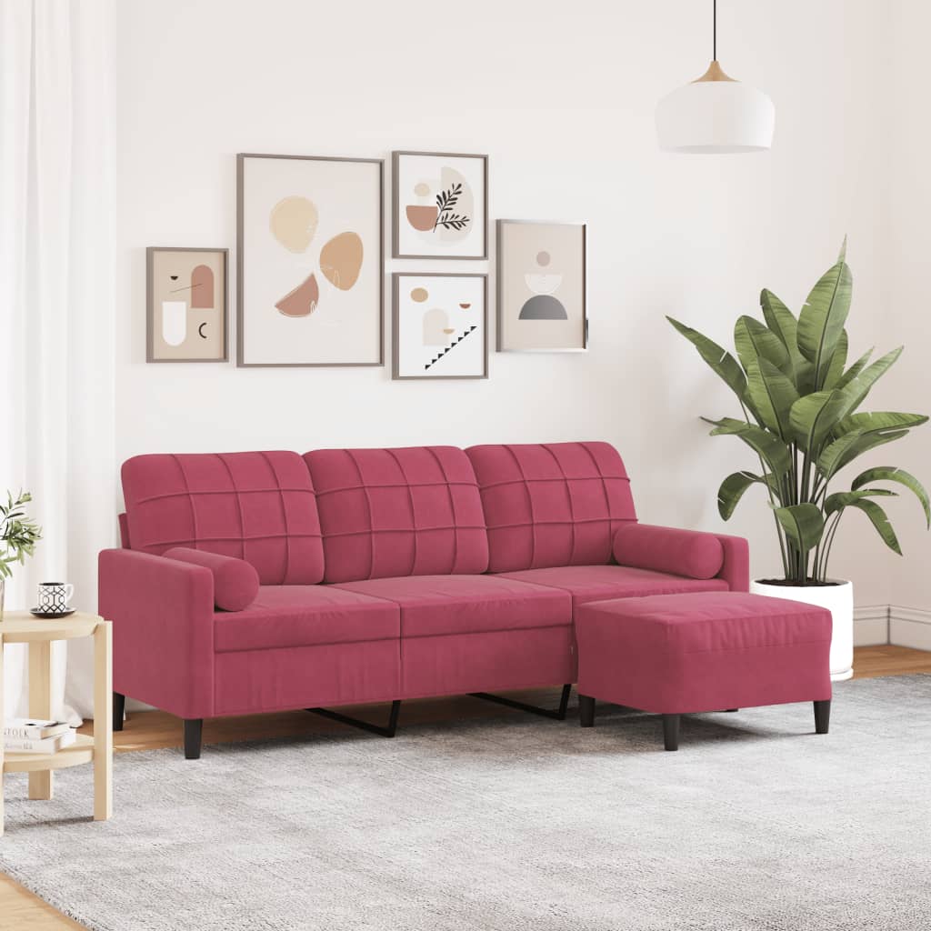 vidaXL 3-osobowa sofa z podnóżkiem winna czerwień 180 cm, aksamit
