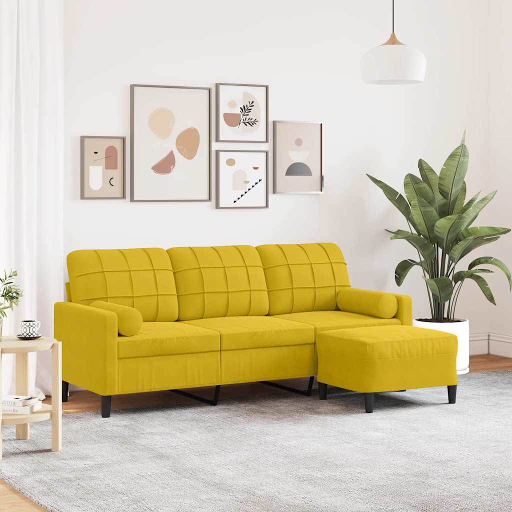vidaXL 3-osobowa sofa z podnóżkiem, żółta, 180 cm, aksamit