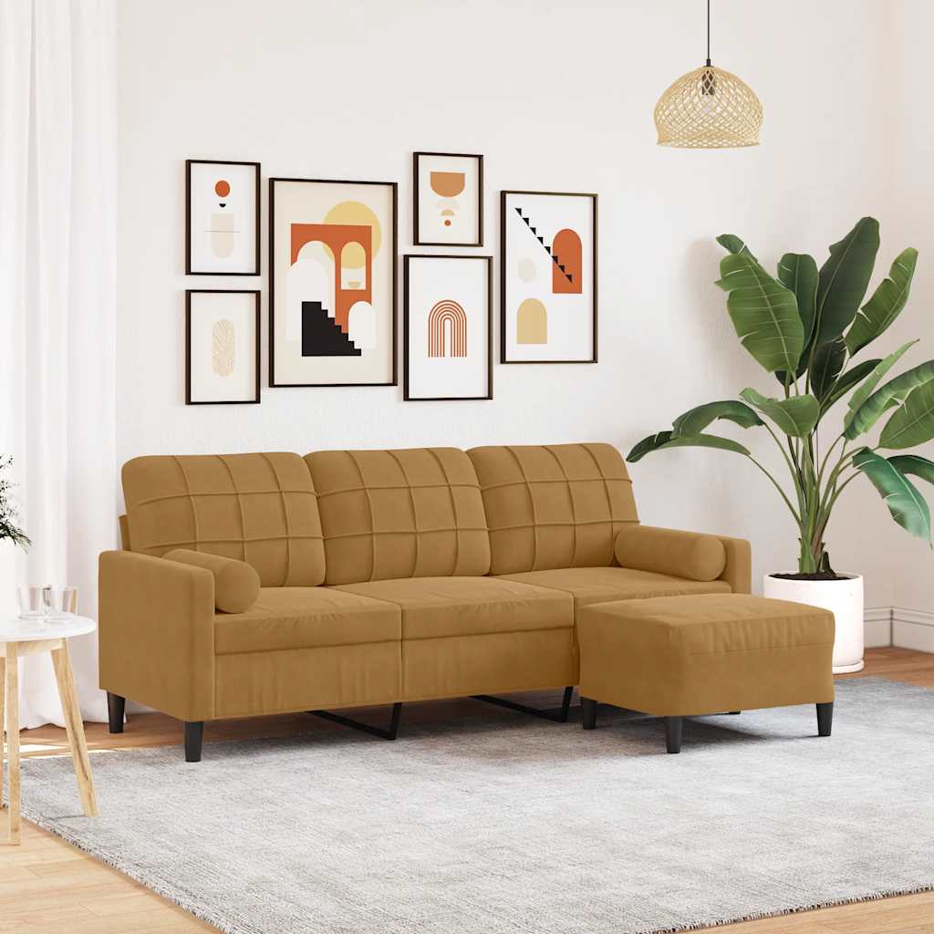 vidaXL 3-osobowa sofa z podnóżkiem, brązowy, 180 cm, aksamit