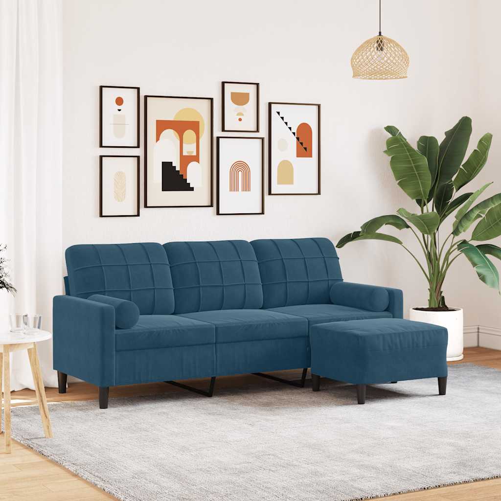 vidaXL 3-osobowa sofa z podnóżkiem, niebieska, 180 cm, aksamit