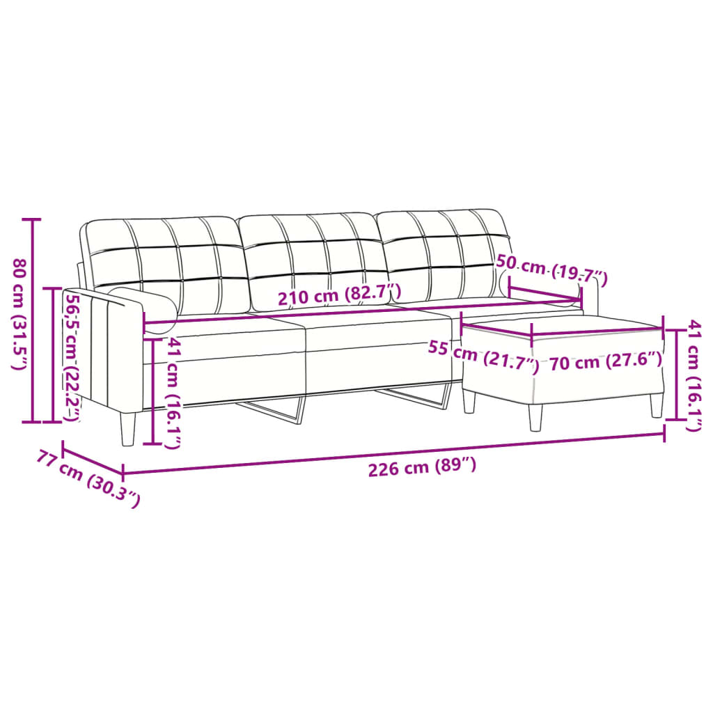 vidaXL 3-osobowa sofa z podnóżkiem, różowy, 210 cm, aksamit
