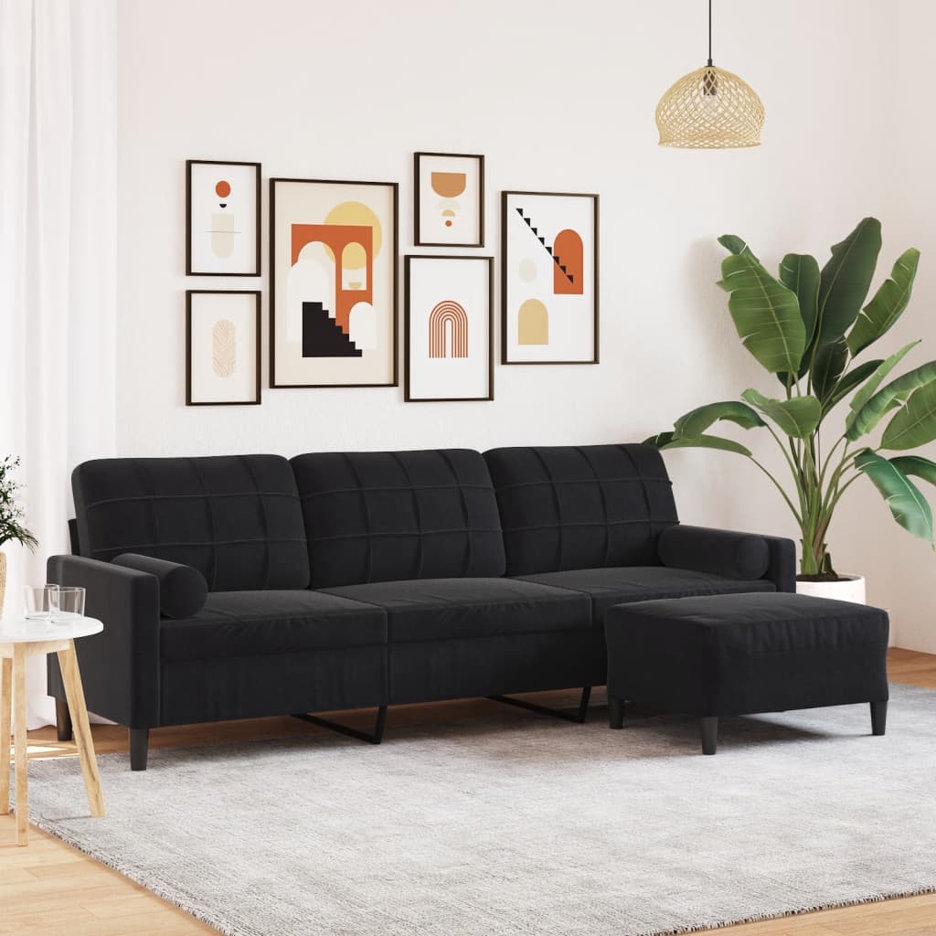 vidaXL 3-osobowa sofa z podnóżkiem, czarna, 210 cm, aksamit