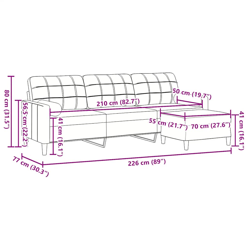 vidaXL 3-osobowa sofa z podnóżkiem, żółta, 210 cm, obita aksamitem