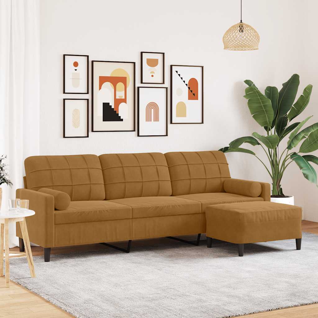 vidaXL 3-osobowa sofa z podnóżkiem, brązowa, 210 cm, aksamit