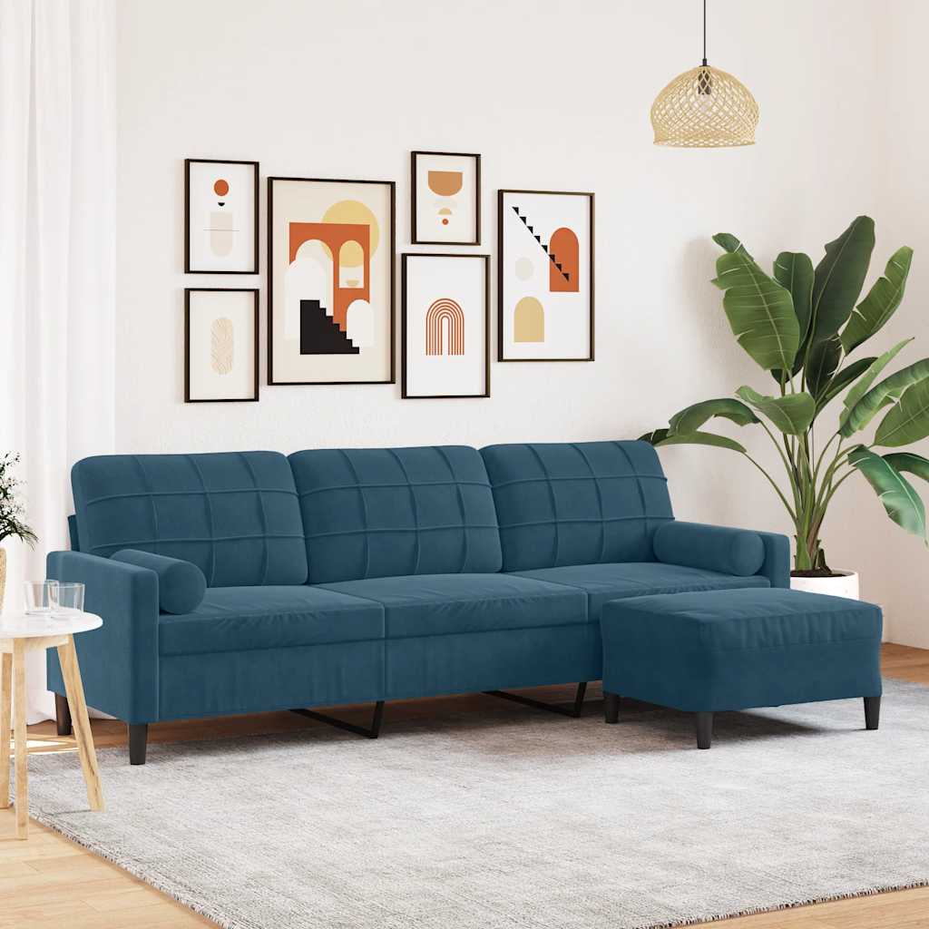 vidaXL 3-osobowa sofa z podnóżkiem, niebieska, 210 cm, aksamit