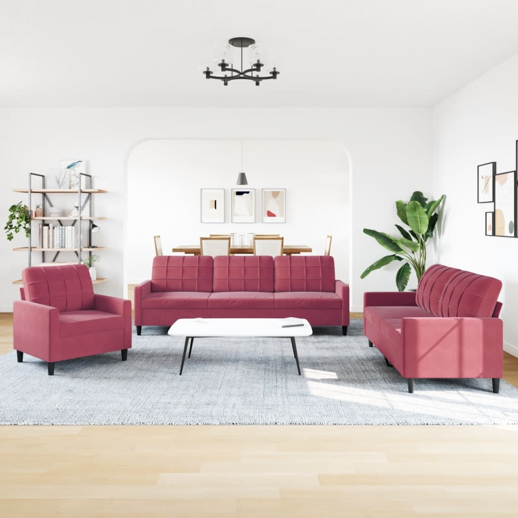 vidaXL 3-częściowy komplet wypoczynkowy, aksamit, winna czerwień