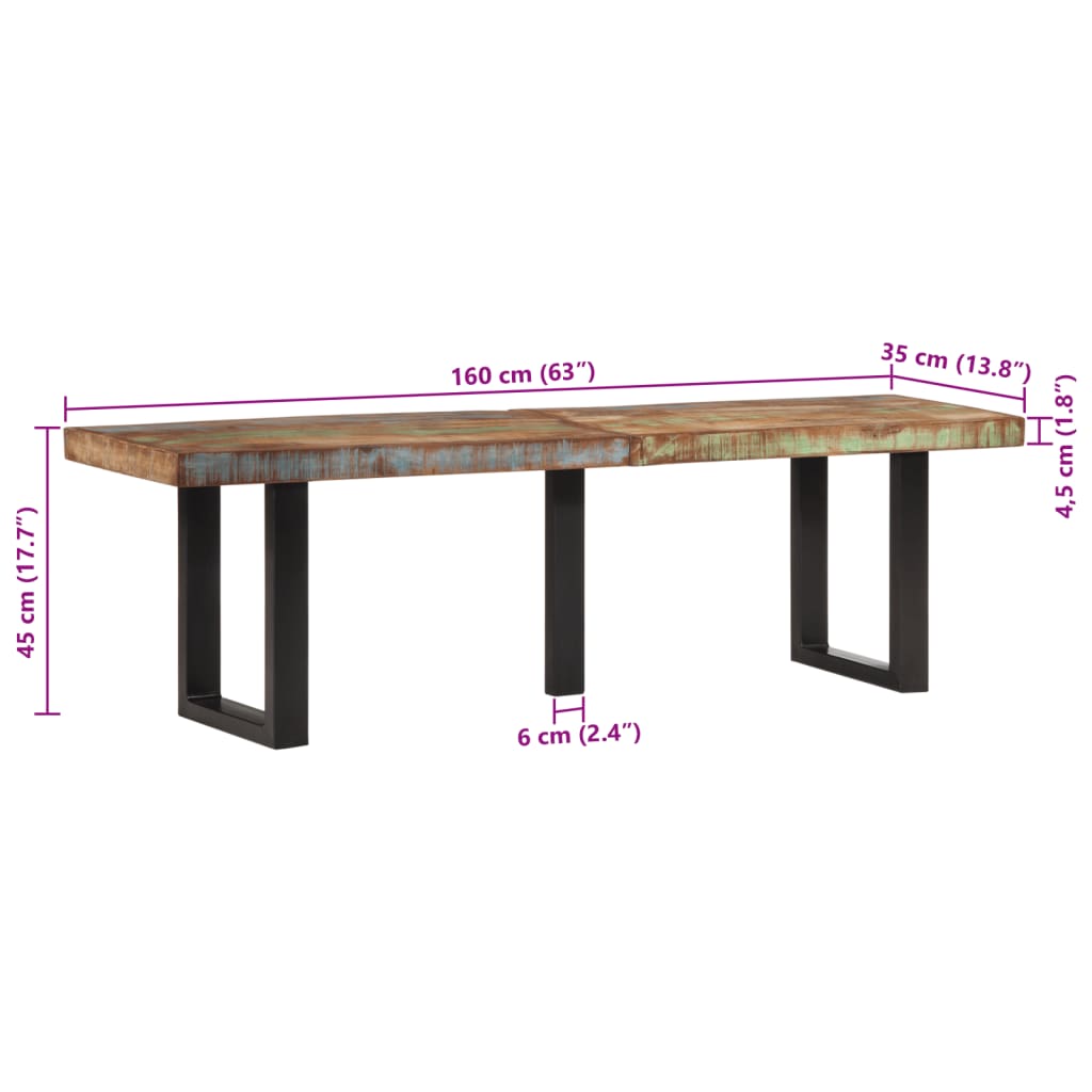 vidaXL Ławka, 160 cm, lite drewno z odzysku i stal