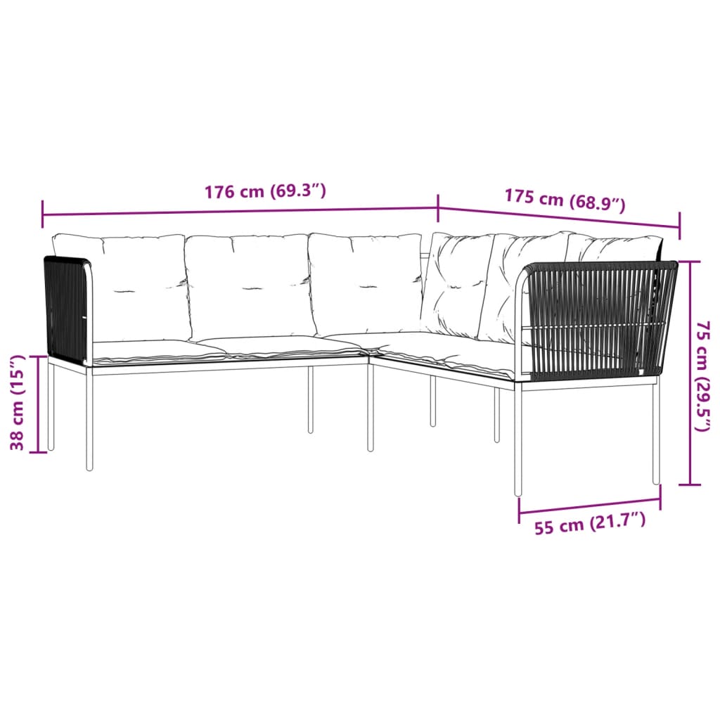 vidaXL Narożna sofa ogrodowa z poduszkami, czarna, stal i textilene