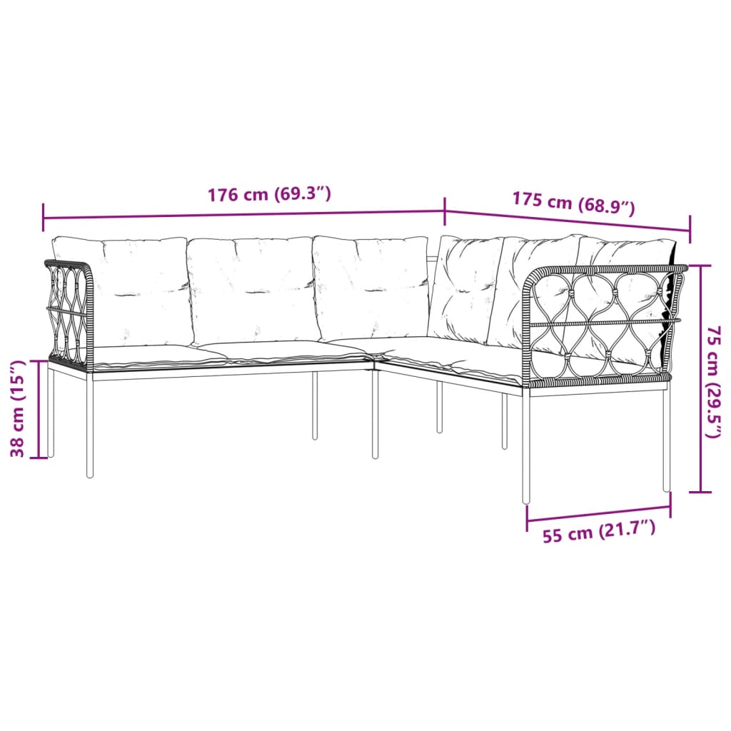 vidaXL Narożna sofa ogrodowa z poduszkami, czarna, stal i textilene