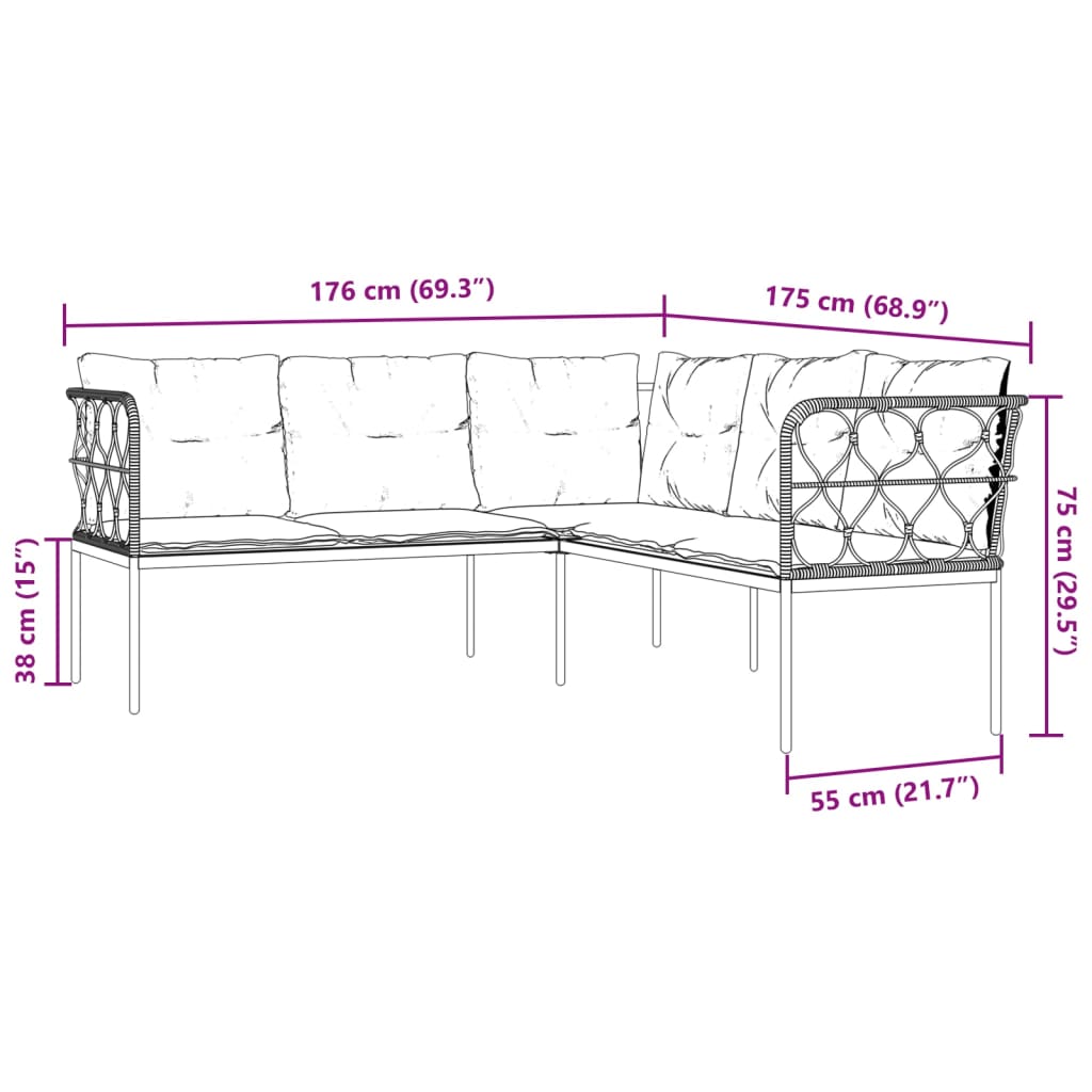 vidaXL Narożna sofa ogrodowa z poduszkami, czarna, stal i textilene