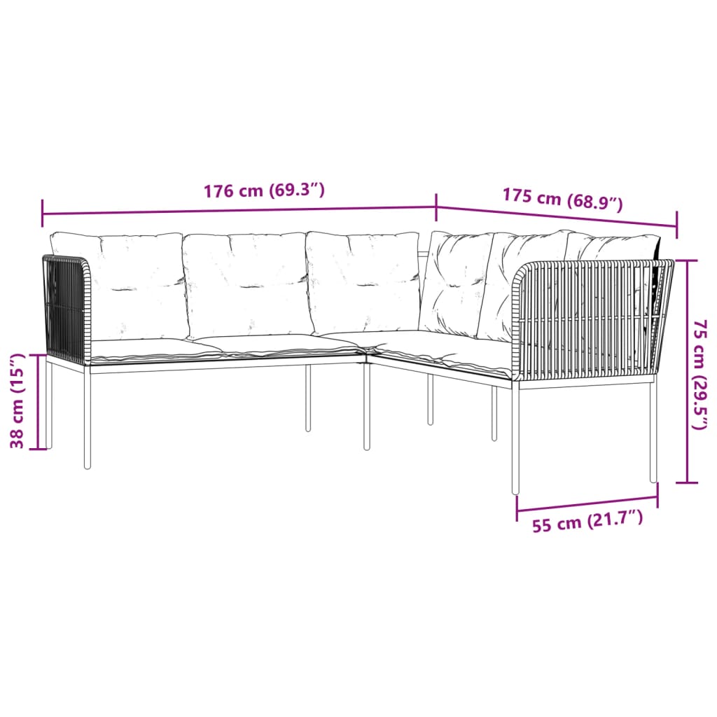 vidaXL Narożna sofa ogrodowa z poduszkami, czarna, stal i textilene