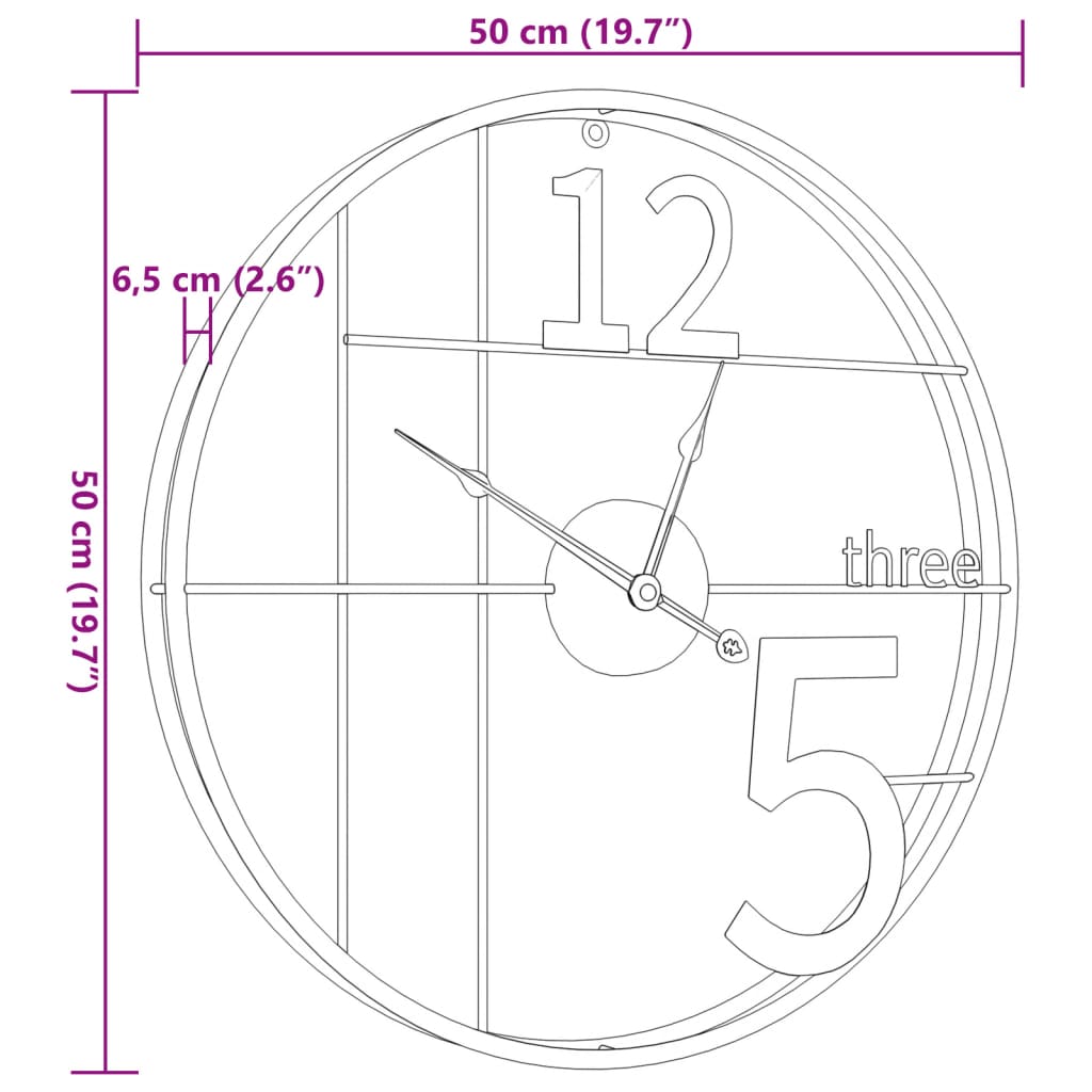 vidaXL Zegar ścienny, czarny, Ø50 cm, żelazo