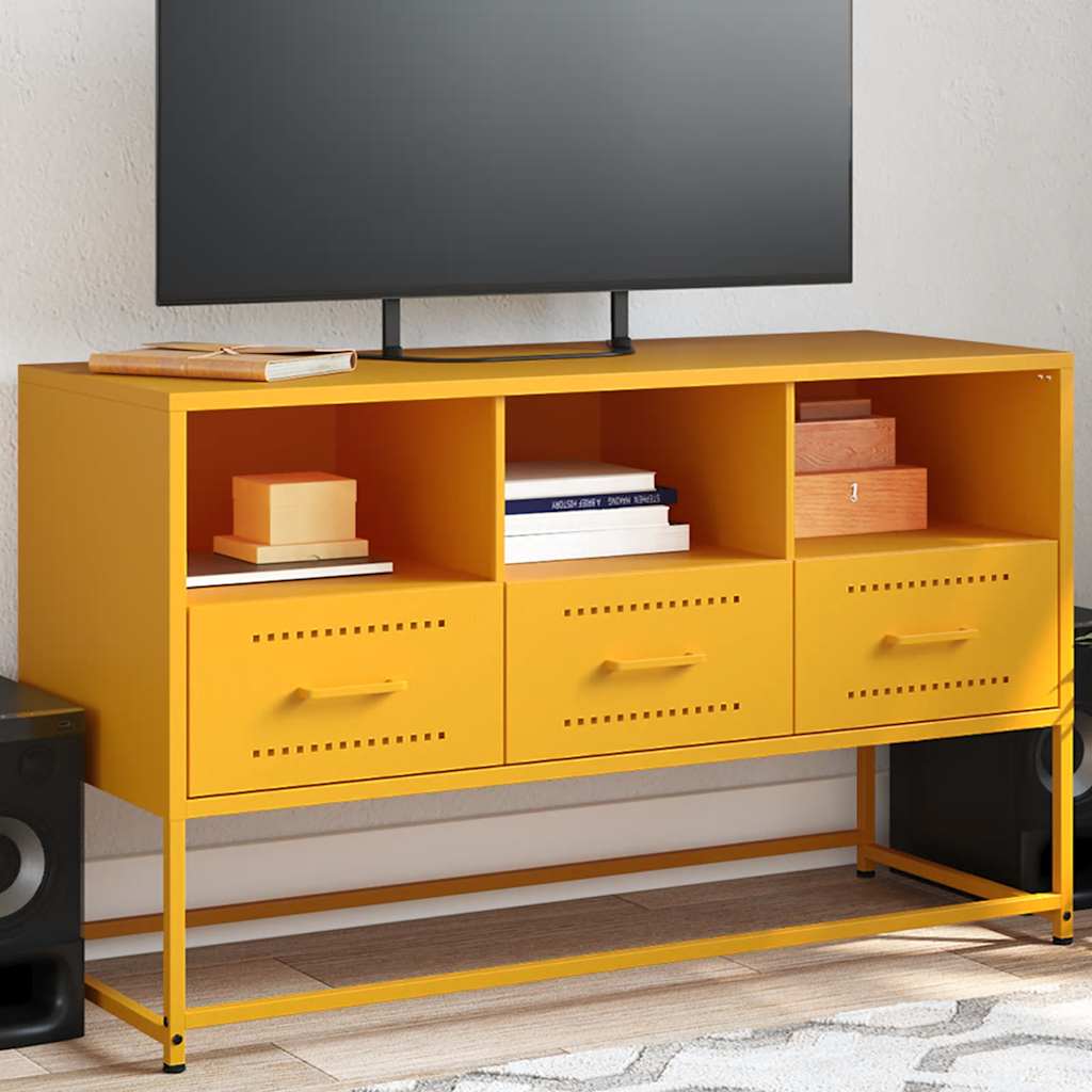 vidaXL Szafka pod telewizor, musztardowa, 100,5x39x60,5 cm, stalowa
