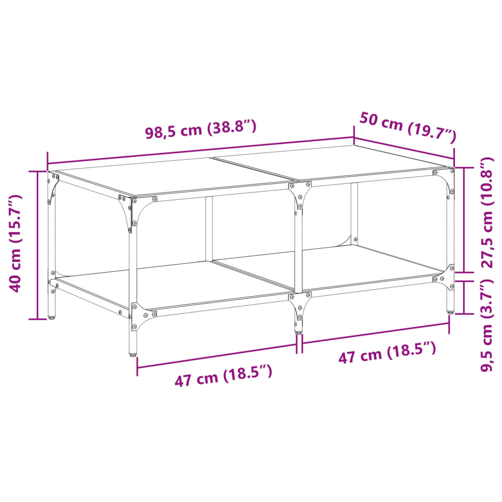 vidaXL Stolik kawowy z czarnym, szklanym blatem, 98,5x50x40 cm, stal