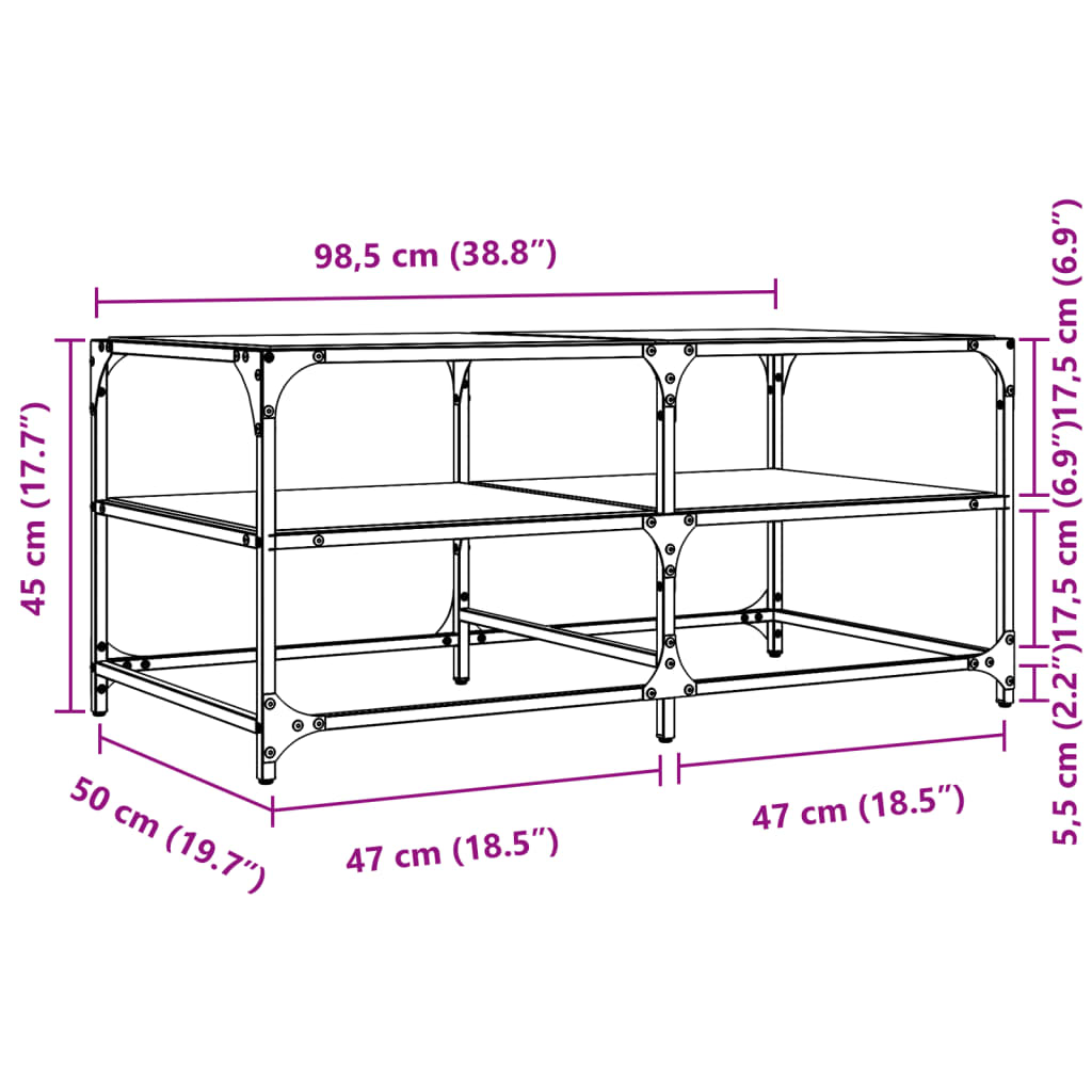 vidaXL Stolik kawowy ze szklanym blatem, 98,5x50x45 cm, stal