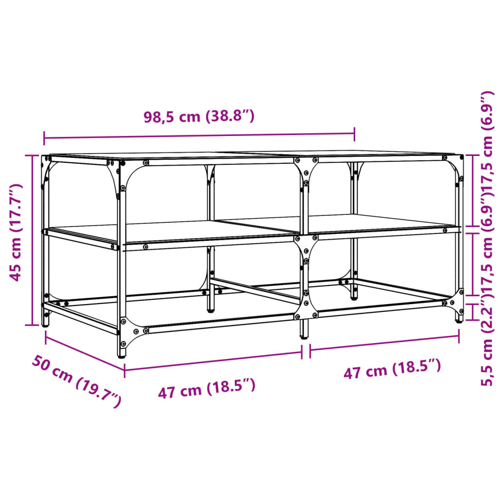 vidaXL Stolik kawowy z czarnym, szklanym blatem, 98,5x50x45 cm, stal