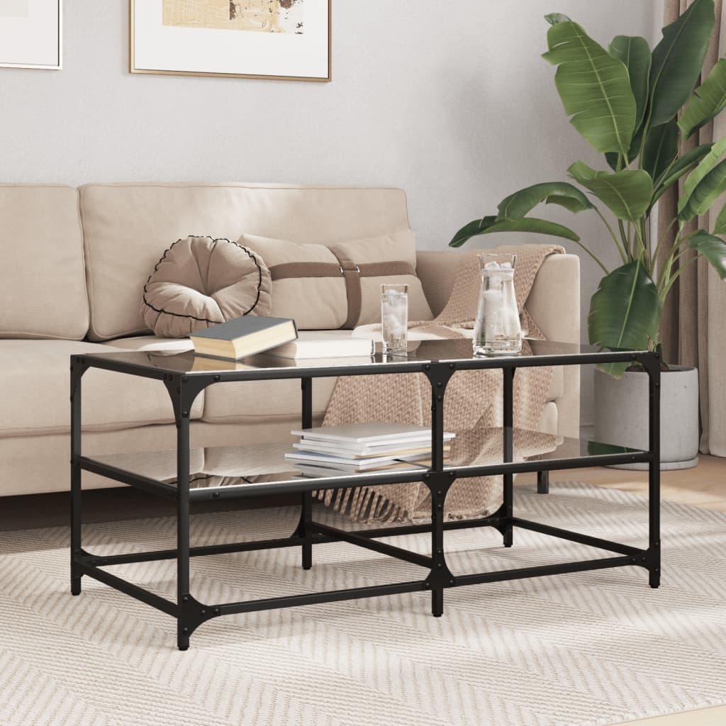vidaXL Stolik kawowy z czarnym, szklanym blatem, 98,5x50x45 cm, stal
