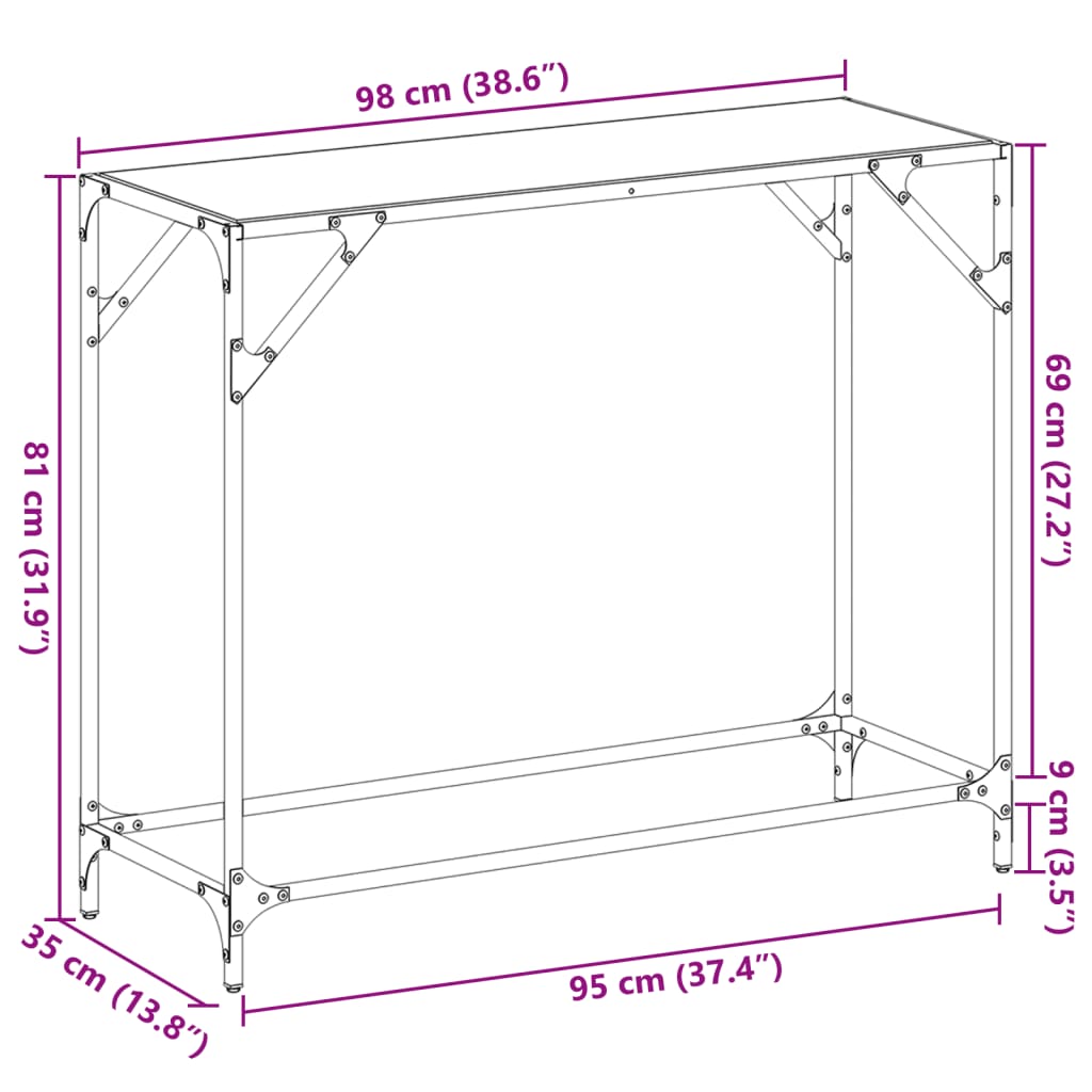 vidaXL Stolik konsolowy z przezroczystym, szklanym blatem, 98x35x81 cm