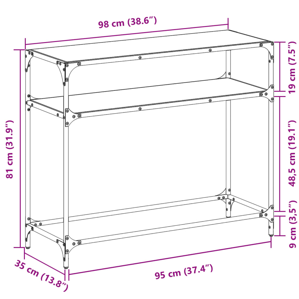 vidaXL Stolik kawowy z czarnym, szklanym blatem, 98x35x81 cm, stal