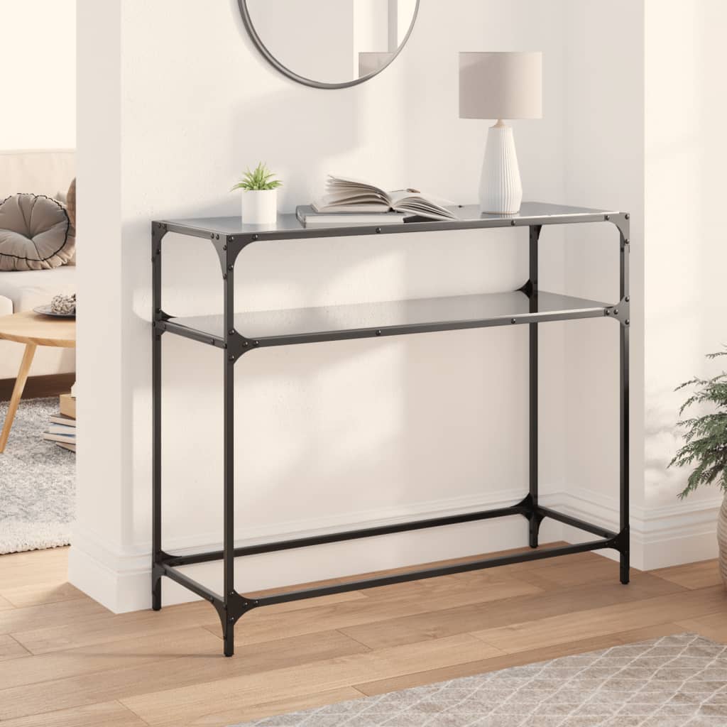 vidaXL Stolik kawowy z czarnym, szklanym blatem, 98x35x81 cm, stal