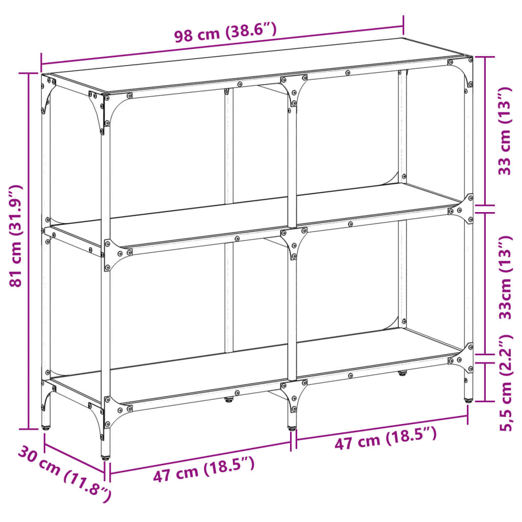 vidaXL Stolik konsolowy z czarnym, szklanym blatem, 98x30x81 cm, stal