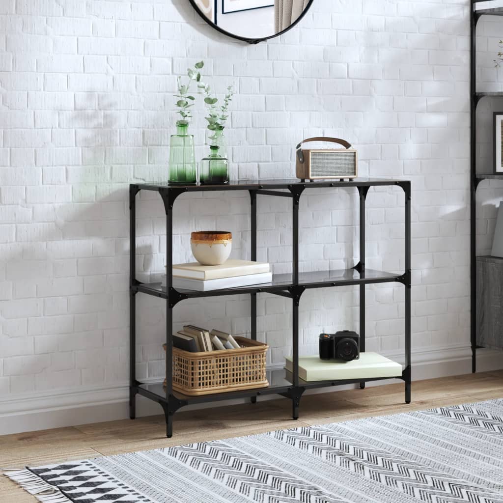 vidaXL Stolik konsolowy z czarnym, szklanym blatem, 98x30x81 cm, stal
