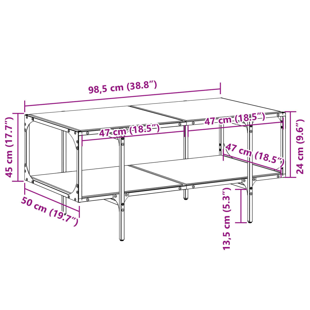 vidaXL Stolik kawowy z czarnym, szklanym blatem, 98,5x50x45 cm, stal