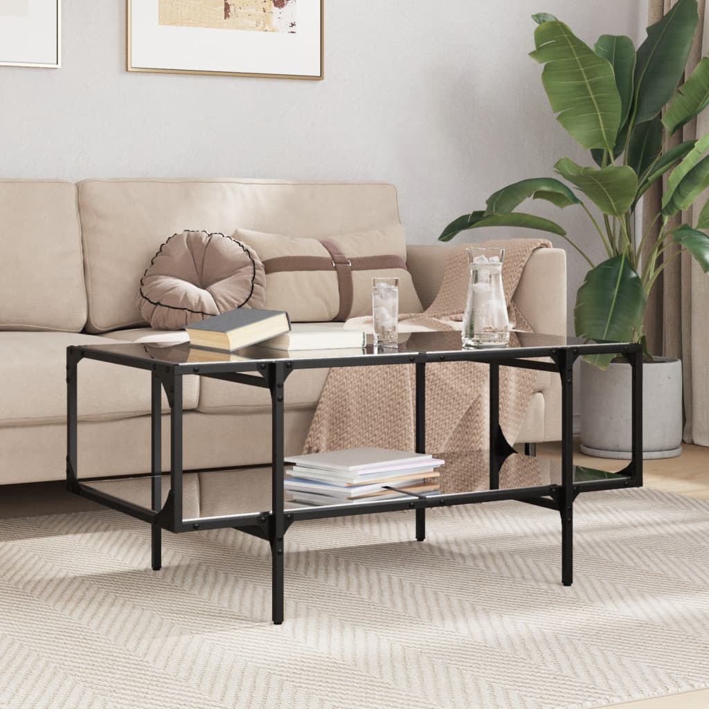 vidaXL Stolik kawowy z czarnym, szklanym blatem, 98,5x50x45 cm, stal