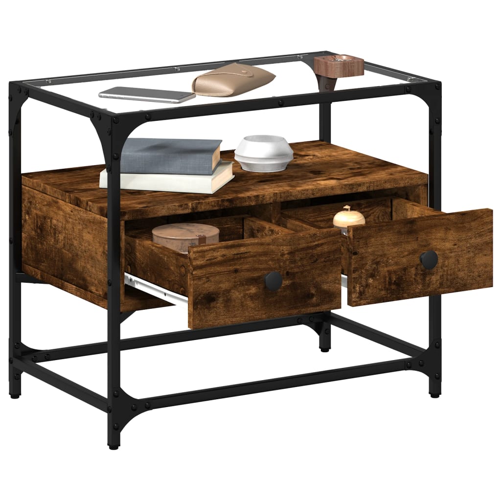 vidaXL Szafka pod TV ze szklanym blatem, przydymiony dąb, 60x35x51 cm