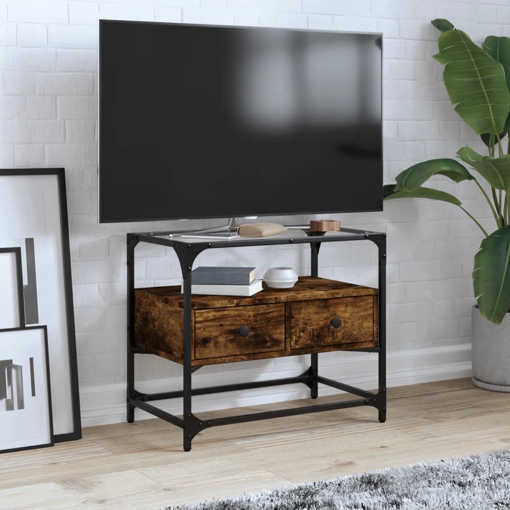 vidaXL Szafka pod TV ze szklanym blatem, przydymiony dąb, 60x35x51 cm