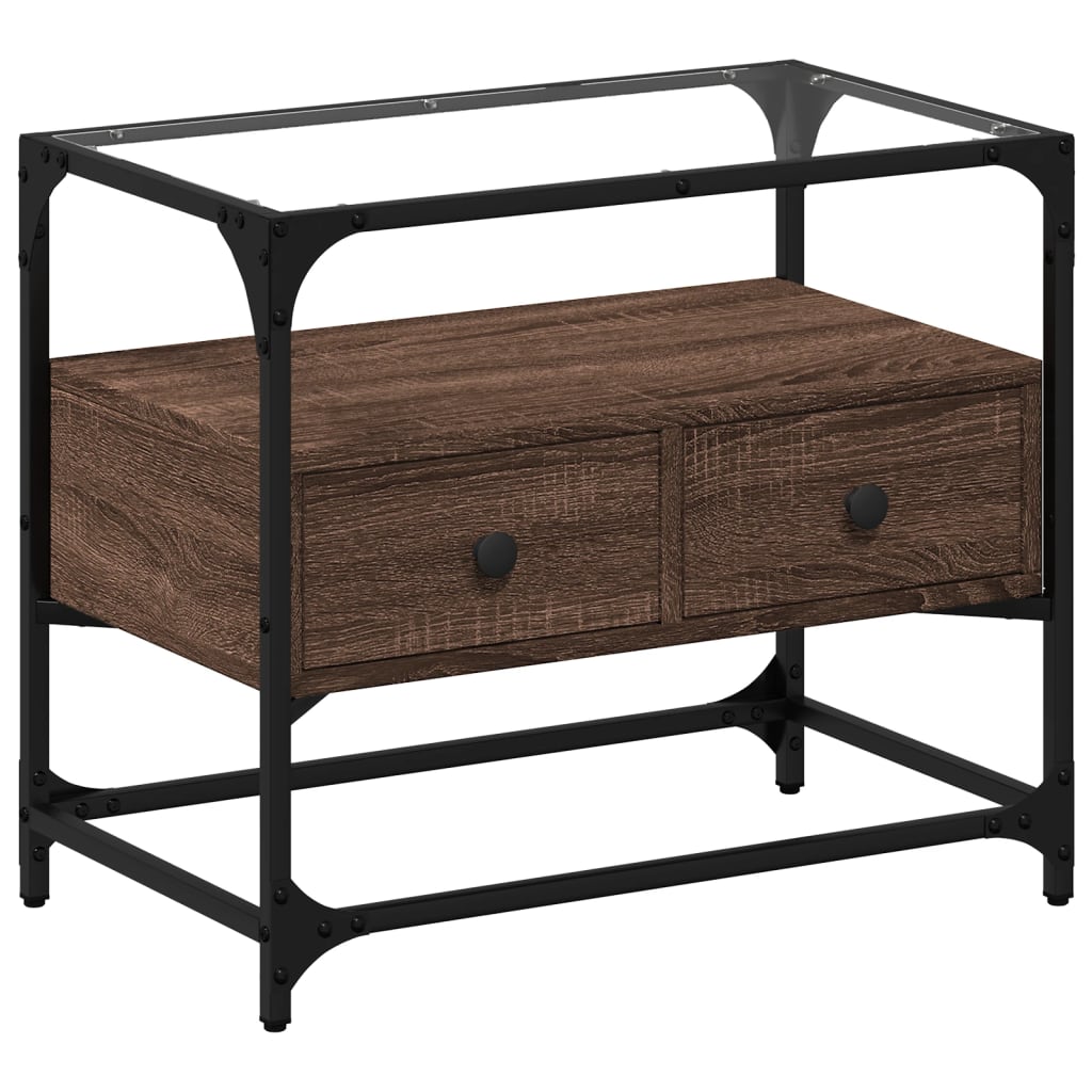 vidaXL Szafka pod TV ze szklanym blatem, brązowy dąb, 60x35x51 cm
