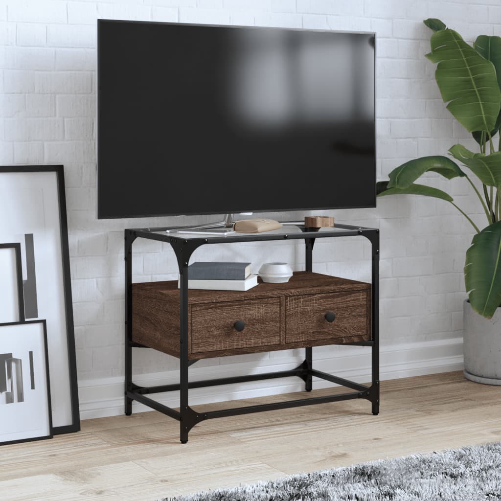 vidaXL Szafka pod TV ze szklanym blatem, brązowy dąb, 60x35x51 cm