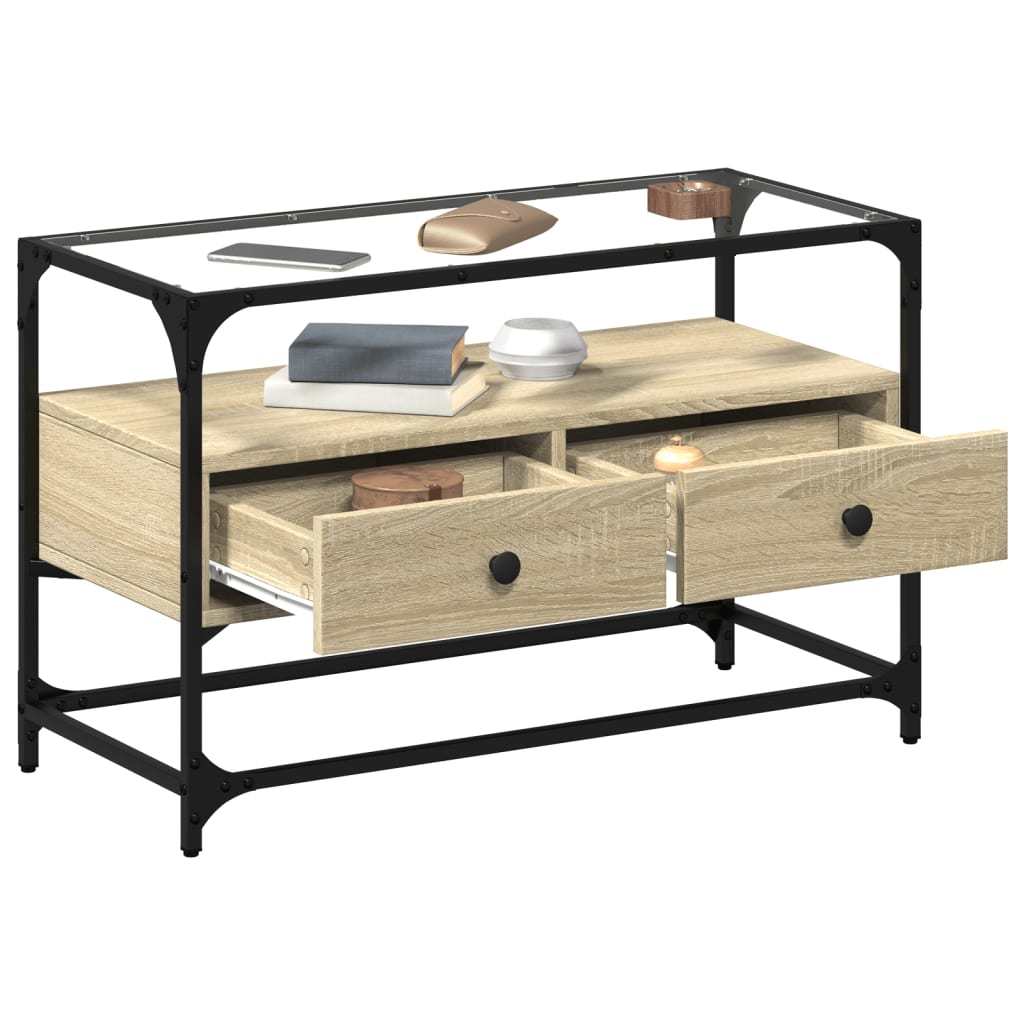 vidaXL Szafka pod TV ze szklanym blatem, dąb sonoma, 80x35x51 cm