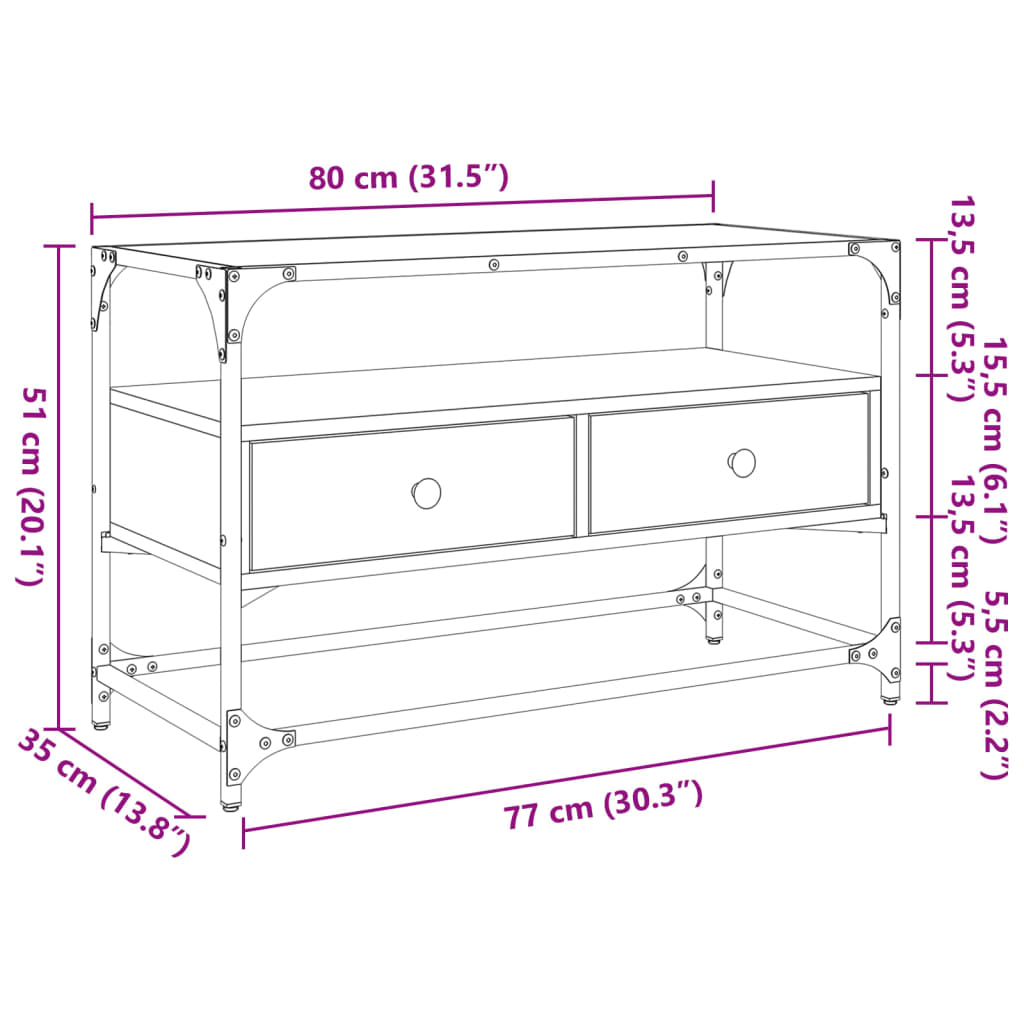 vidaXL Szafka pod TV ze szklanym blatem, dąb sonoma, 80x35x51 cm