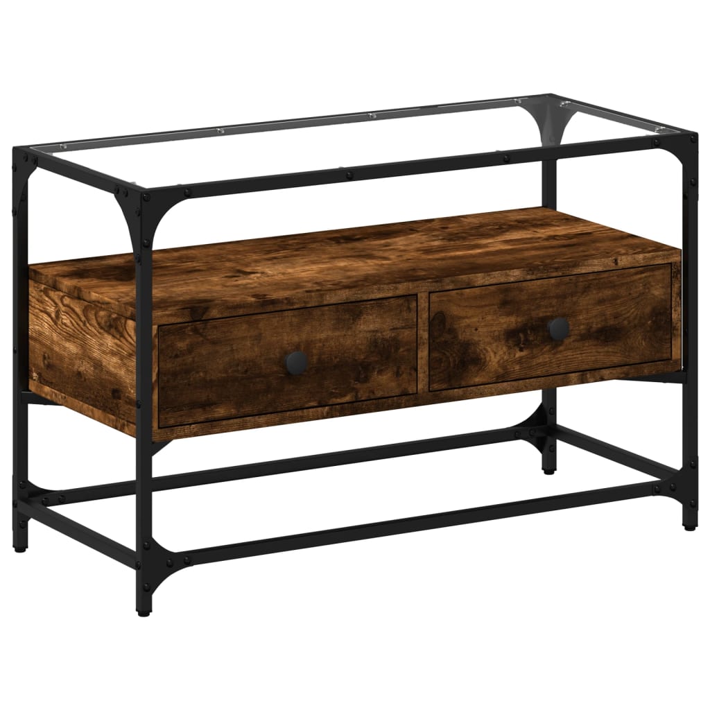 vidaXL Szafka pod TV ze szklanym blatem, przydymiony dąb, 80x35x51 cm