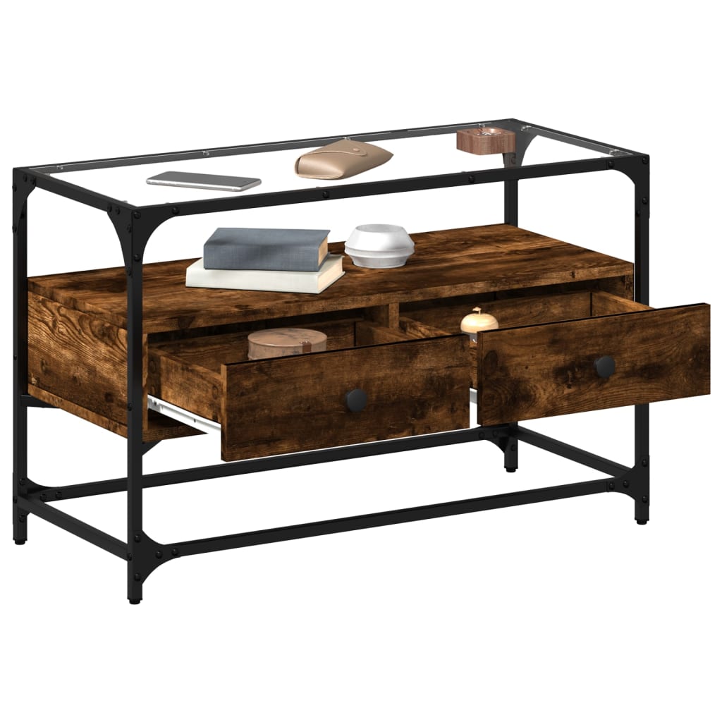 vidaXL Szafka pod TV ze szklanym blatem, przydymiony dąb, 80x35x51 cm