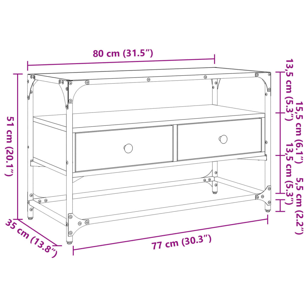 vidaXL Szafka pod TV ze szklanym blatem, przydymiony dąb, 80x35x51 cm