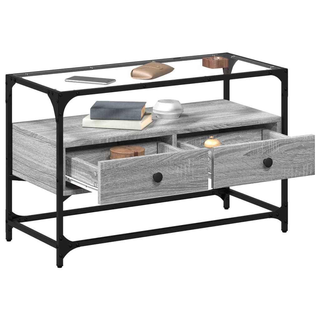 vidaXL Szafka pod TV ze szklanym blatem, szary dąb sonoma, 80x35x51 cm