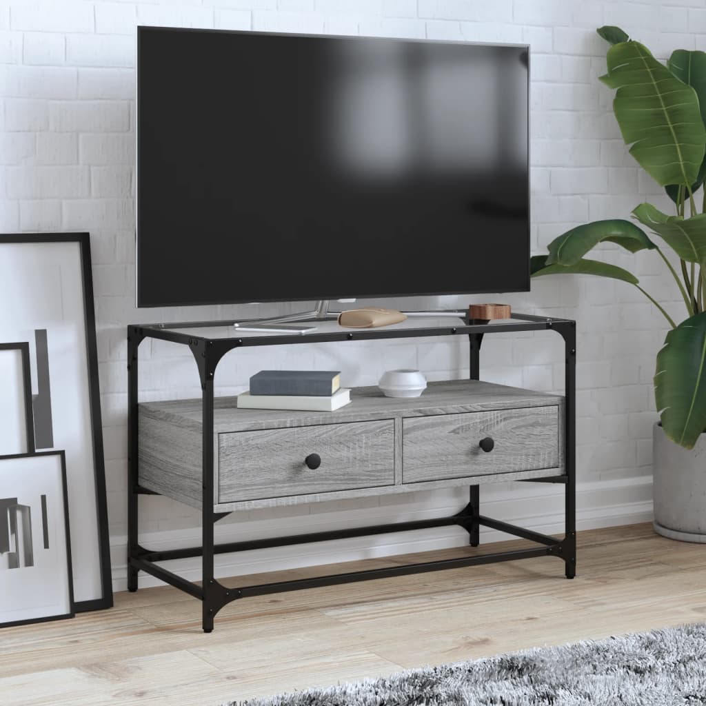 vidaXL Szafka pod TV ze szklanym blatem, szary dąb sonoma, 80x35x51 cm