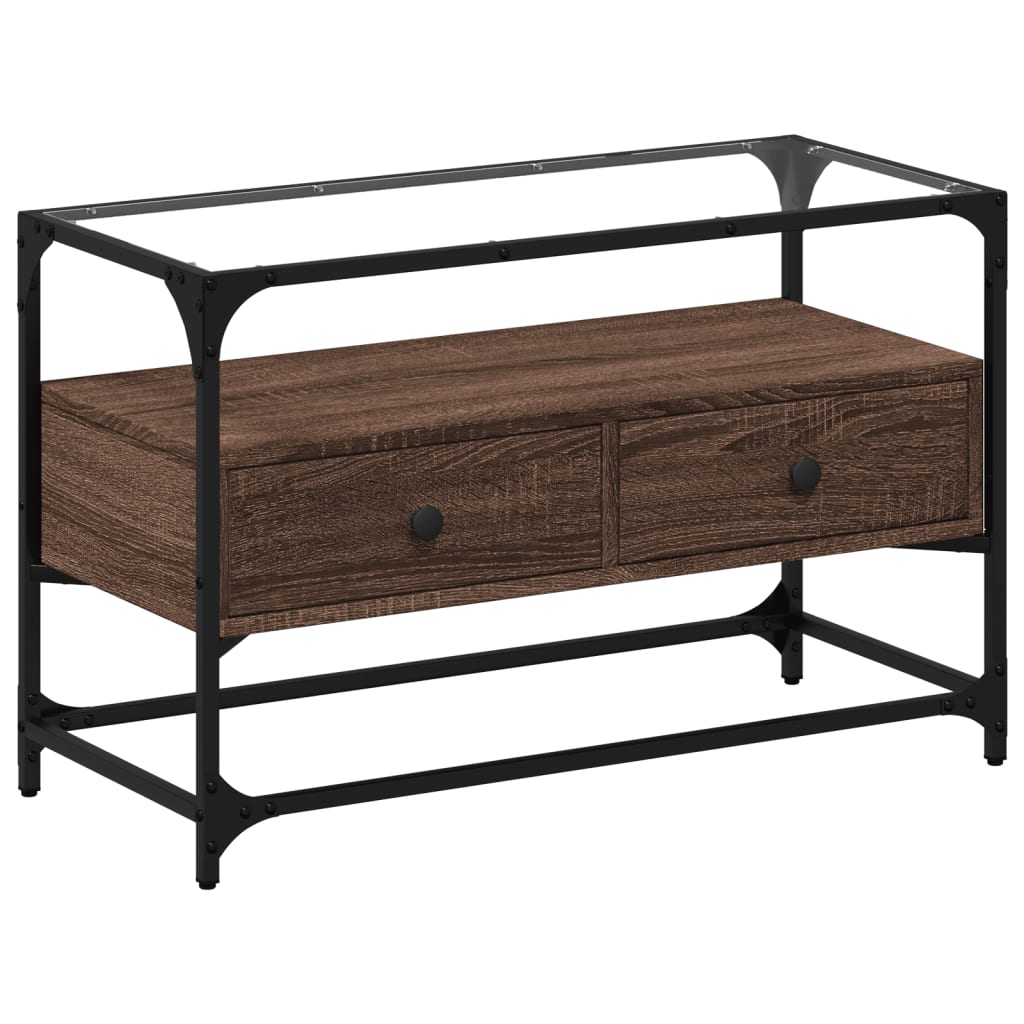 vidaXL Szafka pod TV ze szklanym blatem, brązowy dąb, 80x35x51 cm