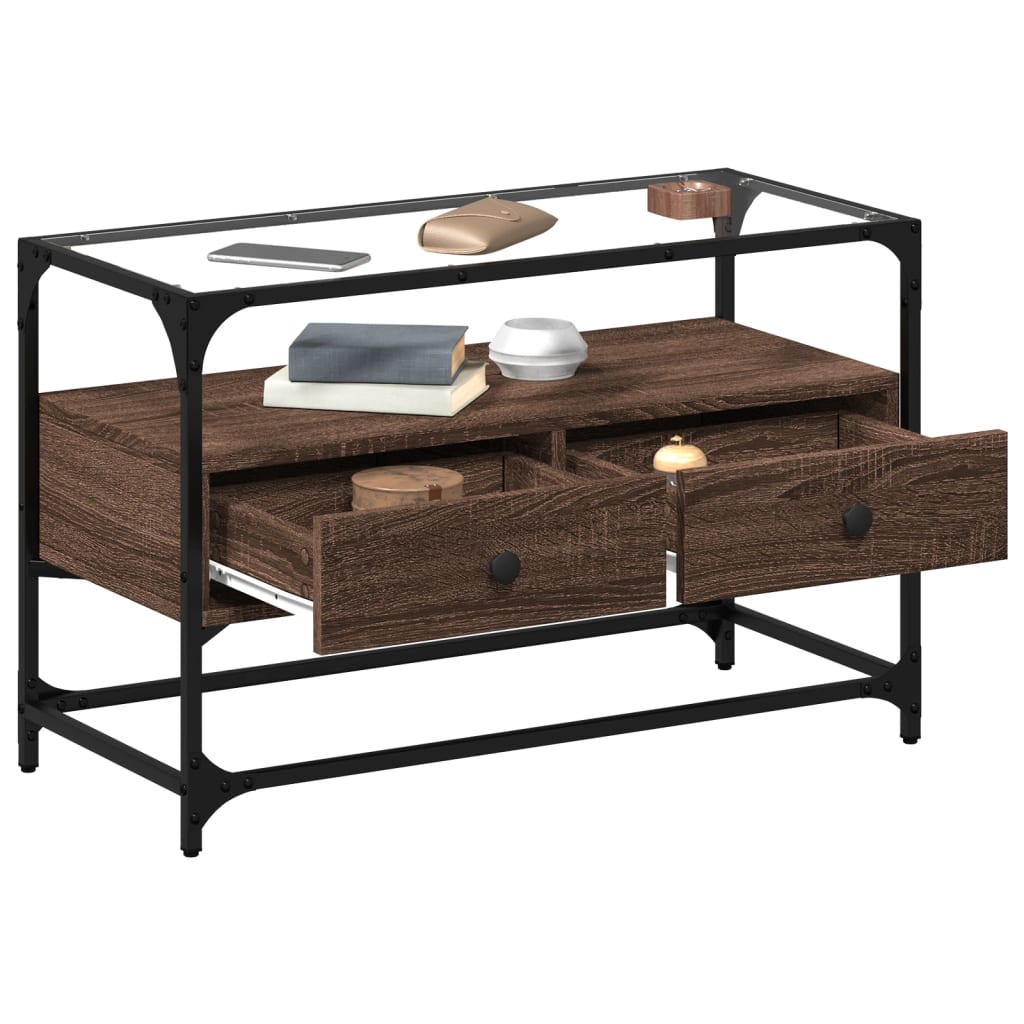 vidaXL Szafka pod TV ze szklanym blatem, brązowy dąb, 80x35x51 cm